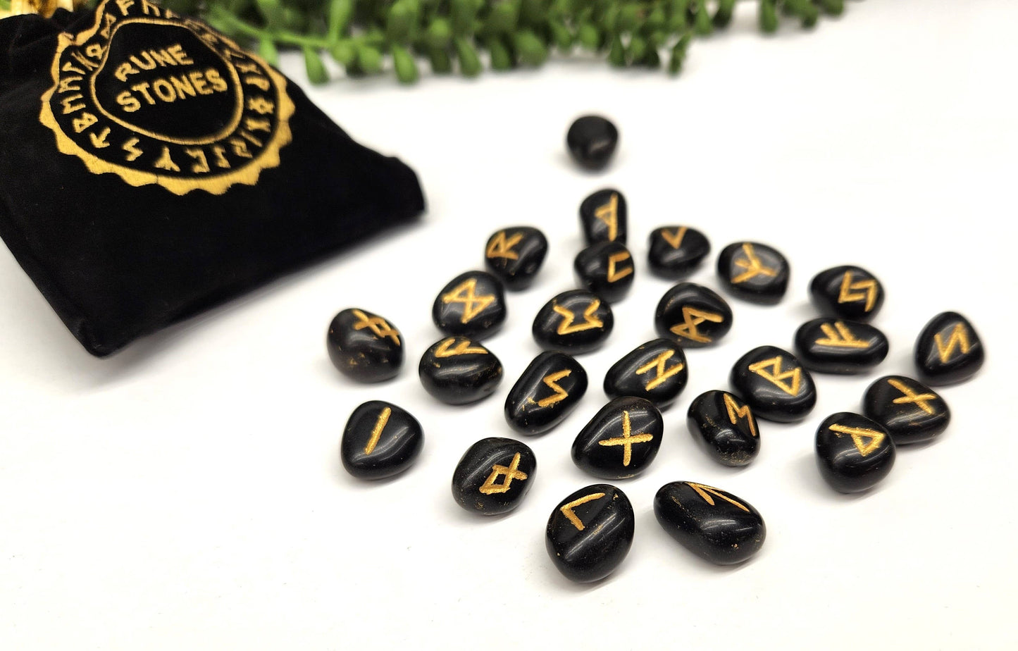 Black Agate Rune Sets with Velvet Pouch