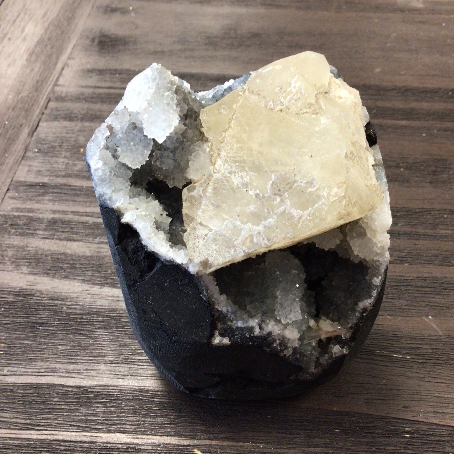 Grey Chalcedony w/ Druzy Quartz and Calcite Geode #398847