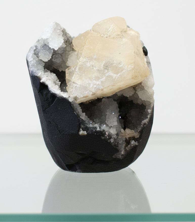 Grey Chalcedony w/ Druzy Quartz and Calcite Geode #398847