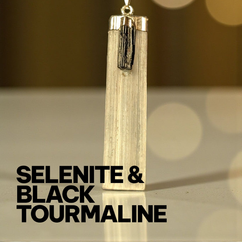Selenite and Black Tourmaline Pendant Necklace