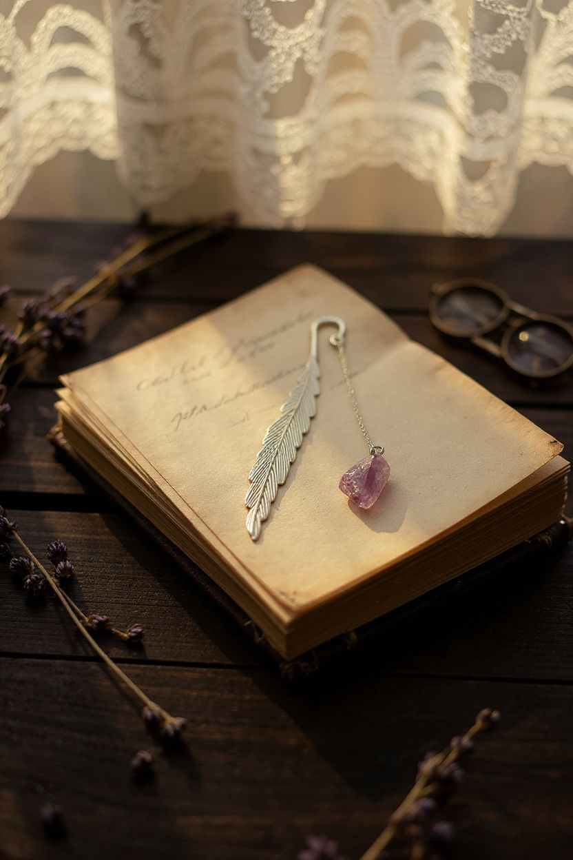 Silver Feather Bookmark With Stones
