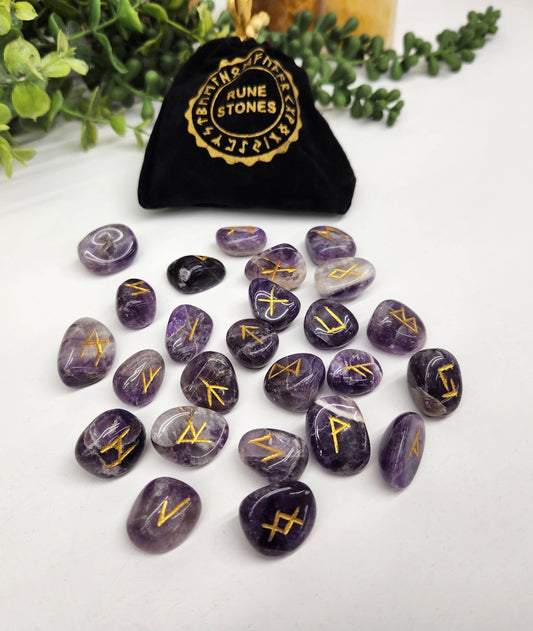 Chevron Amethyst Rune Sets with Velvet Pouch