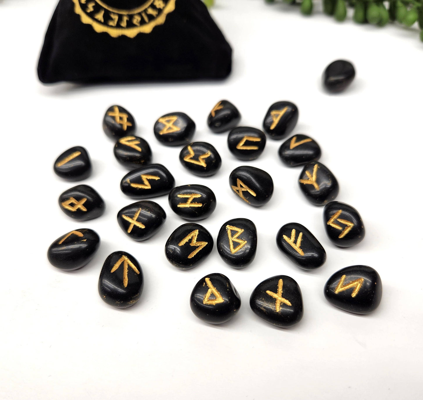 Black Agate Rune Sets with Velvet Pouch