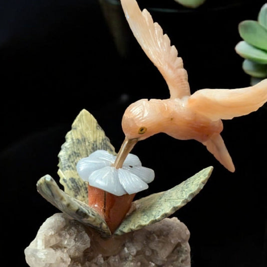 Calcite Hummingbird With Angelite And Serpentine On Quartz