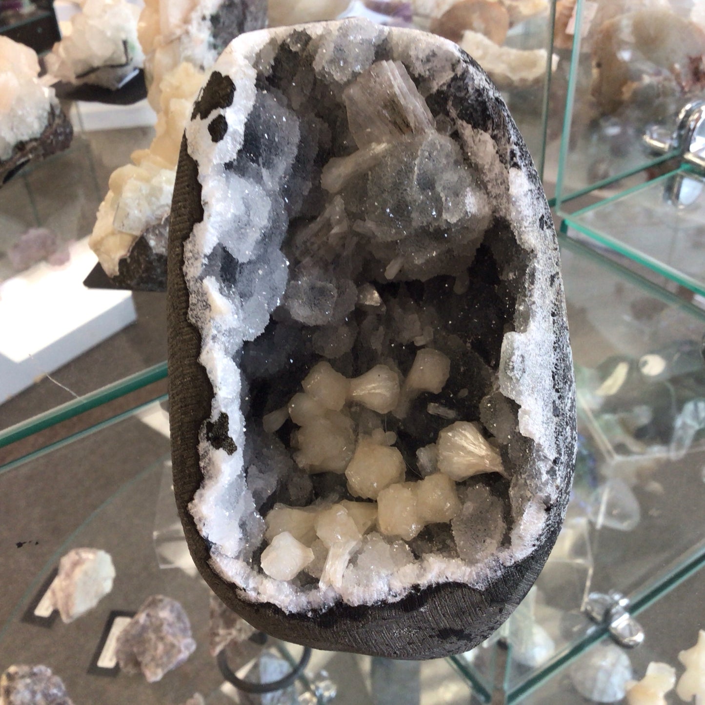 Apophyllite & Stilbite with Blue Gray Chalcedony Geode #398825