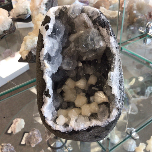 Apophyllite & Stilbite with Blue Gray Chalcedony Geode #398825