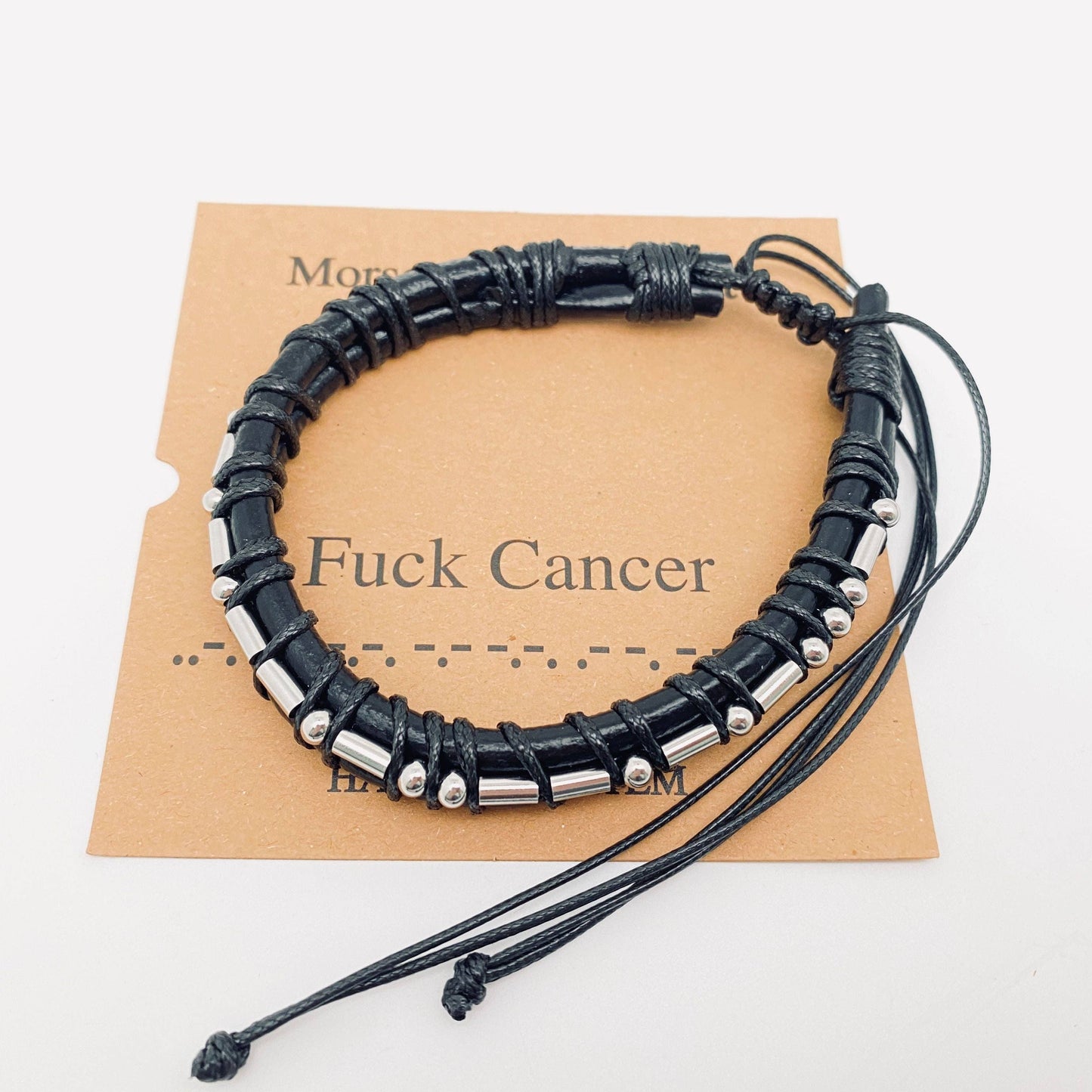 Leather F*** Cancer Stainless Steel Beaded Morse Code Adjustable Bracelet
