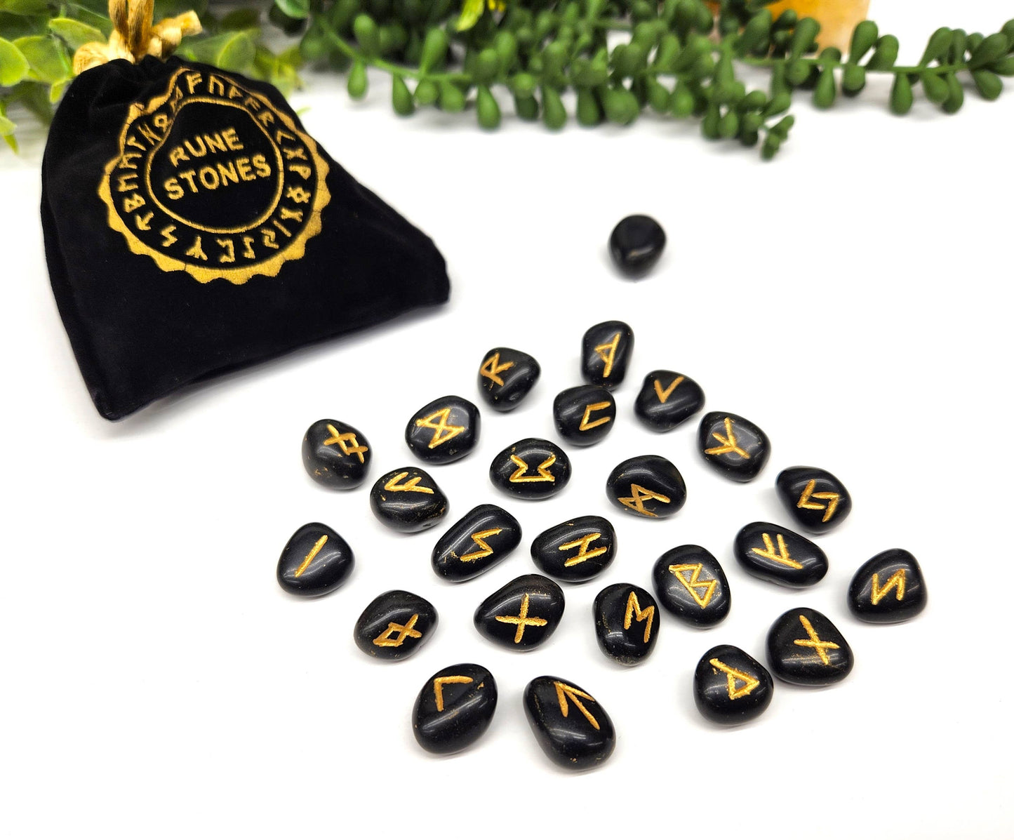Black Agate Rune Sets with Velvet Pouch