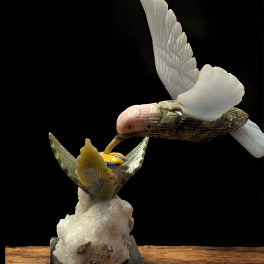 Serpentine and Angelite Hummingbird on Quartz with Pyrite