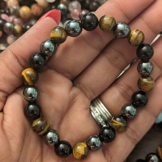 Triple Protection Tiger’s Eye, Hematite, & Black Obsidian Bracelet