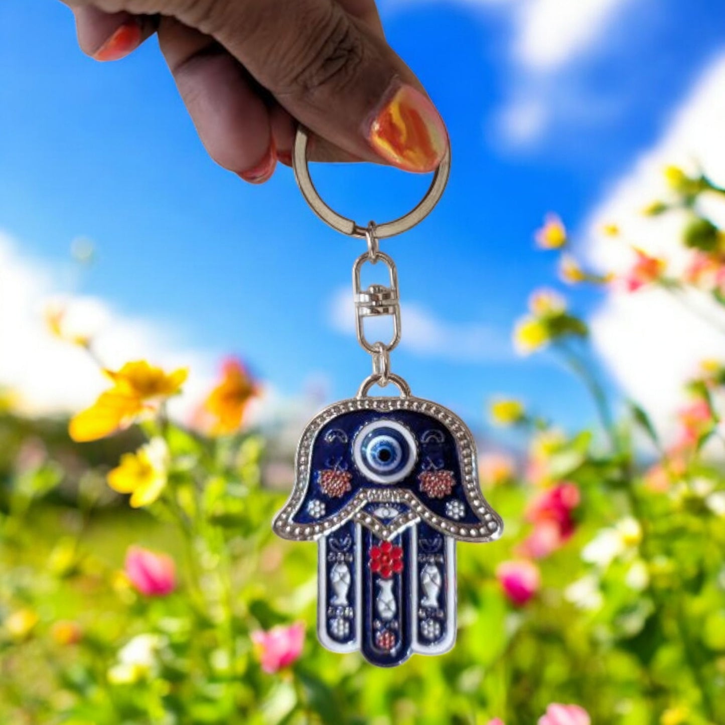 Silver Hamsa Evil Eye Keychain