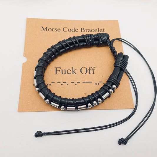 Leather F*** Off Stainless Steel Beaded Morse Code Adjustable Bracelet
