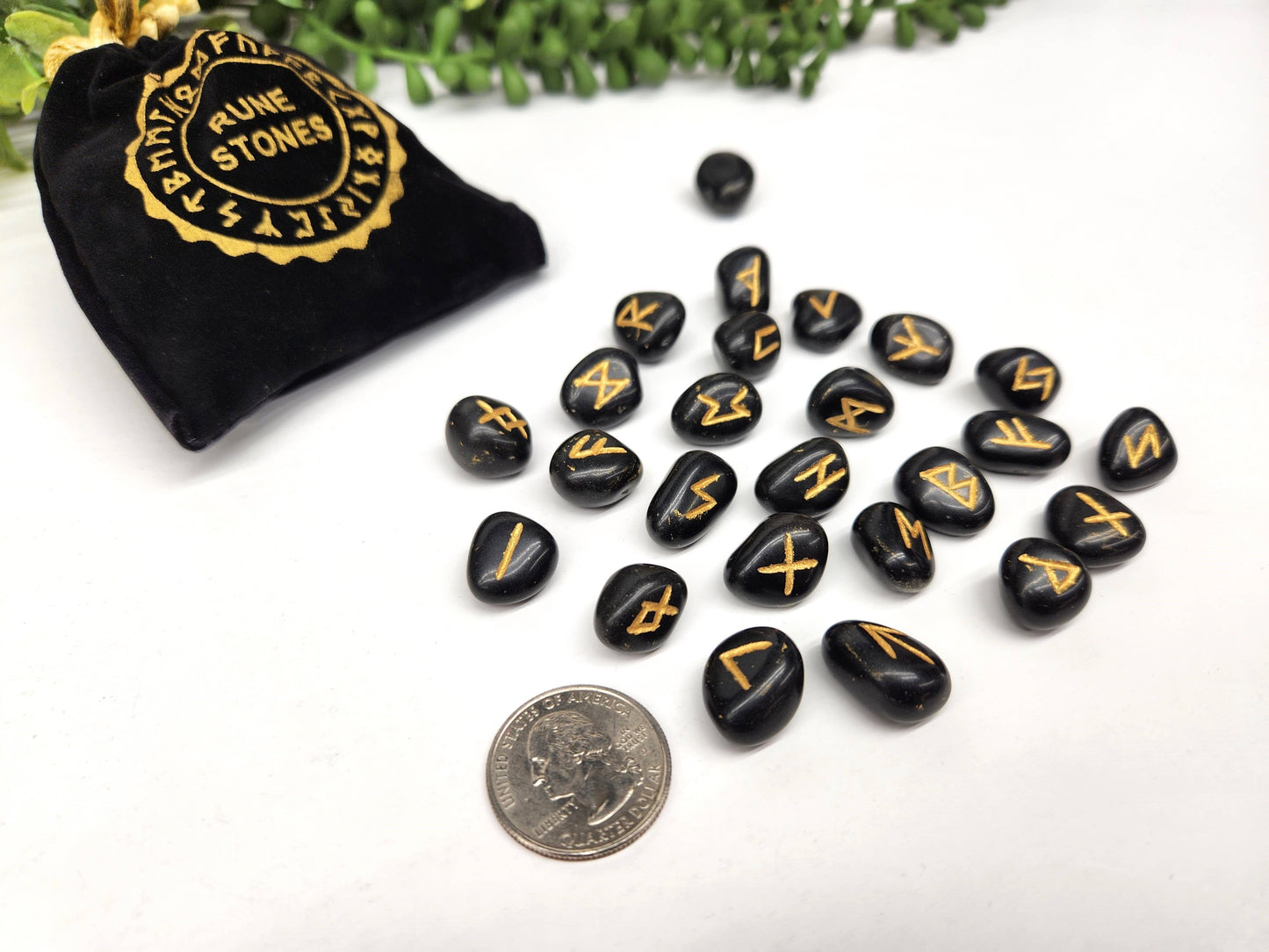 Black Agate Rune Sets with Velvet Pouch