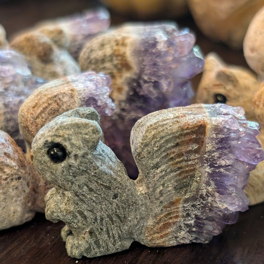 Hand Carved Amethyst Squirrels