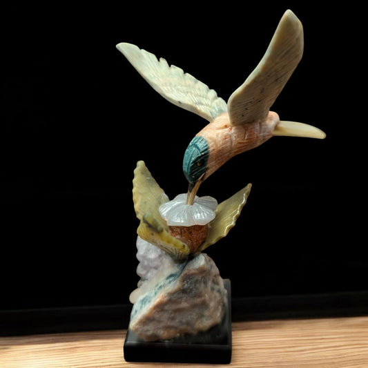 Calcite Agate Serpentine Hummingbird on Amethyst
