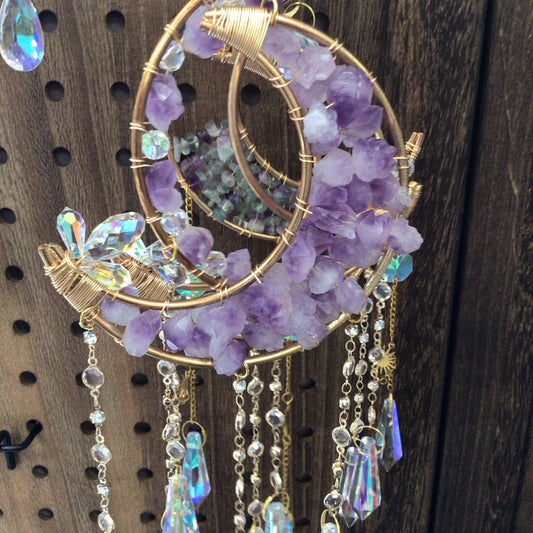 Hand Wrapped Amethyst Moon Sun Catcher with Crystal Ends