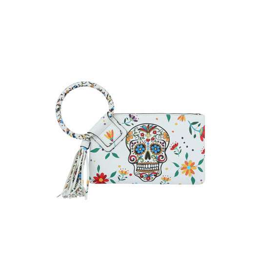 White Calavera Skull Wristlet Clutch