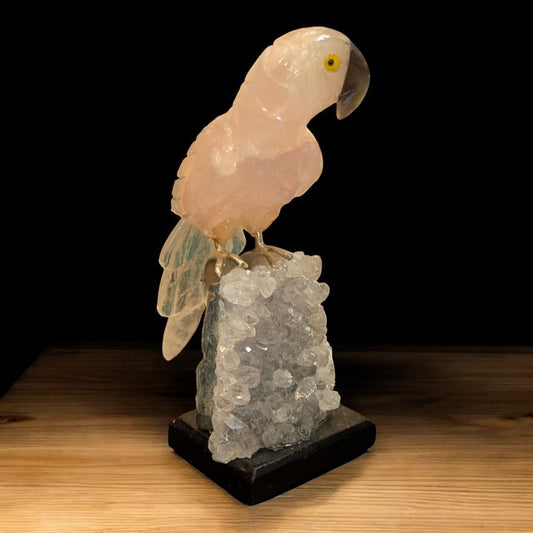 Rose Quartz Macaw On Amethyst
