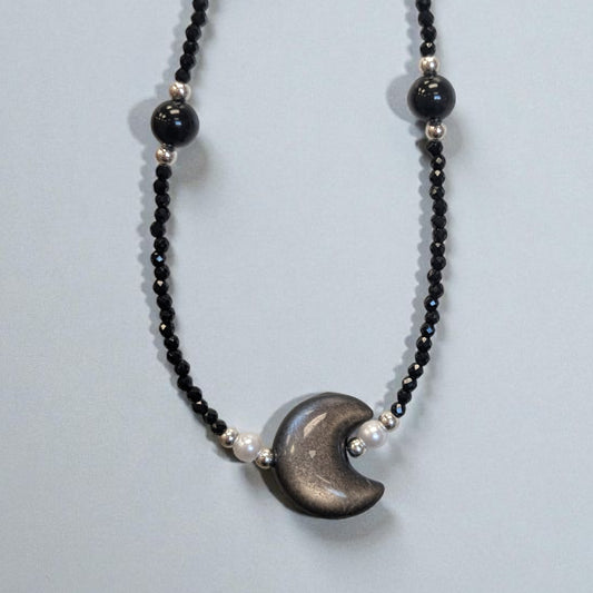 Silver Sheen Obsidian Beaded Moon Necklace