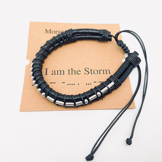 Leather I Am The Storm Stainless Steel Beaded Morse Code Adjustable Bracelet
