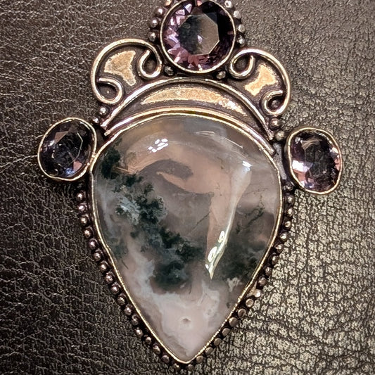Moss Agate And Amethyst Pendant Necklace