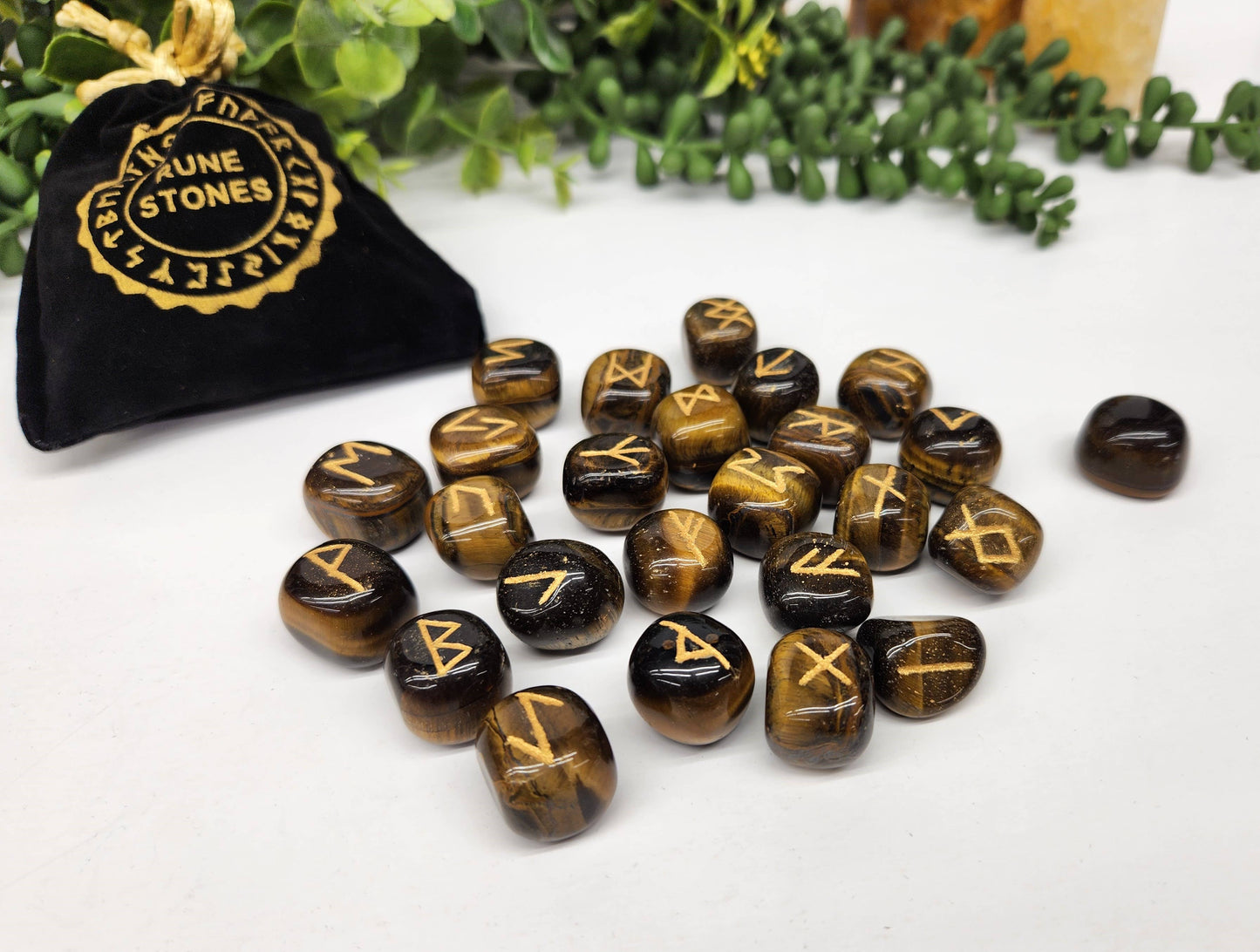 Tiger Eye Rune Sets with Velvet Pouch