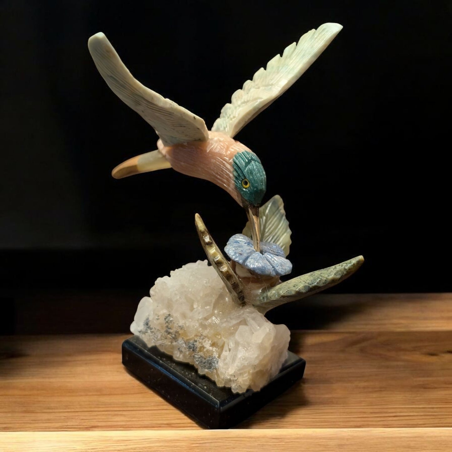 Calcite and Amazonite Hummingbird on Quartz