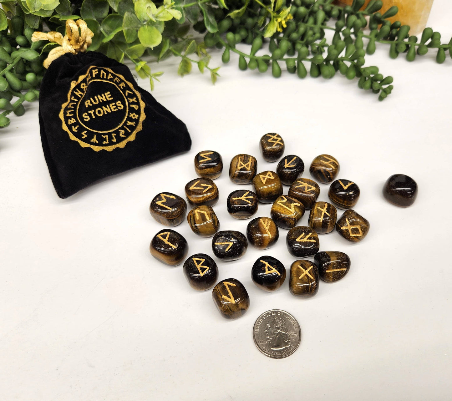 Tiger Eye Rune Sets with Velvet Pouch