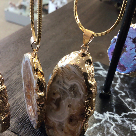 Gold Tone Stainless Steel Sliced Stone Necklace