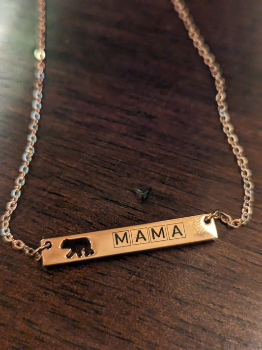 Engravable Mama Bear Cutout Horizontal Bar Necklace