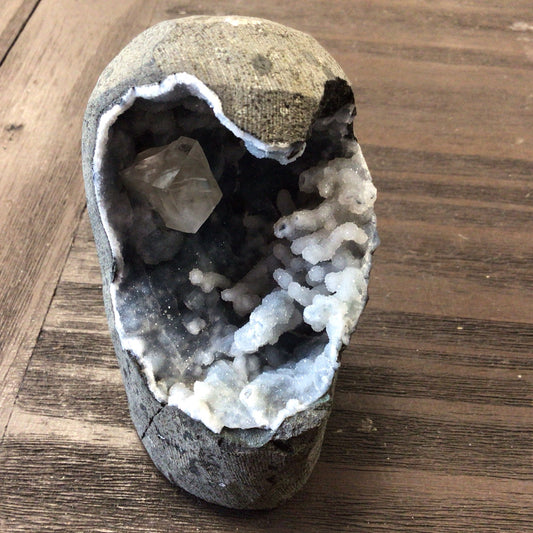 Blue Druzy Coral Chalcedony w/ Cubic Calcite Geode #398834