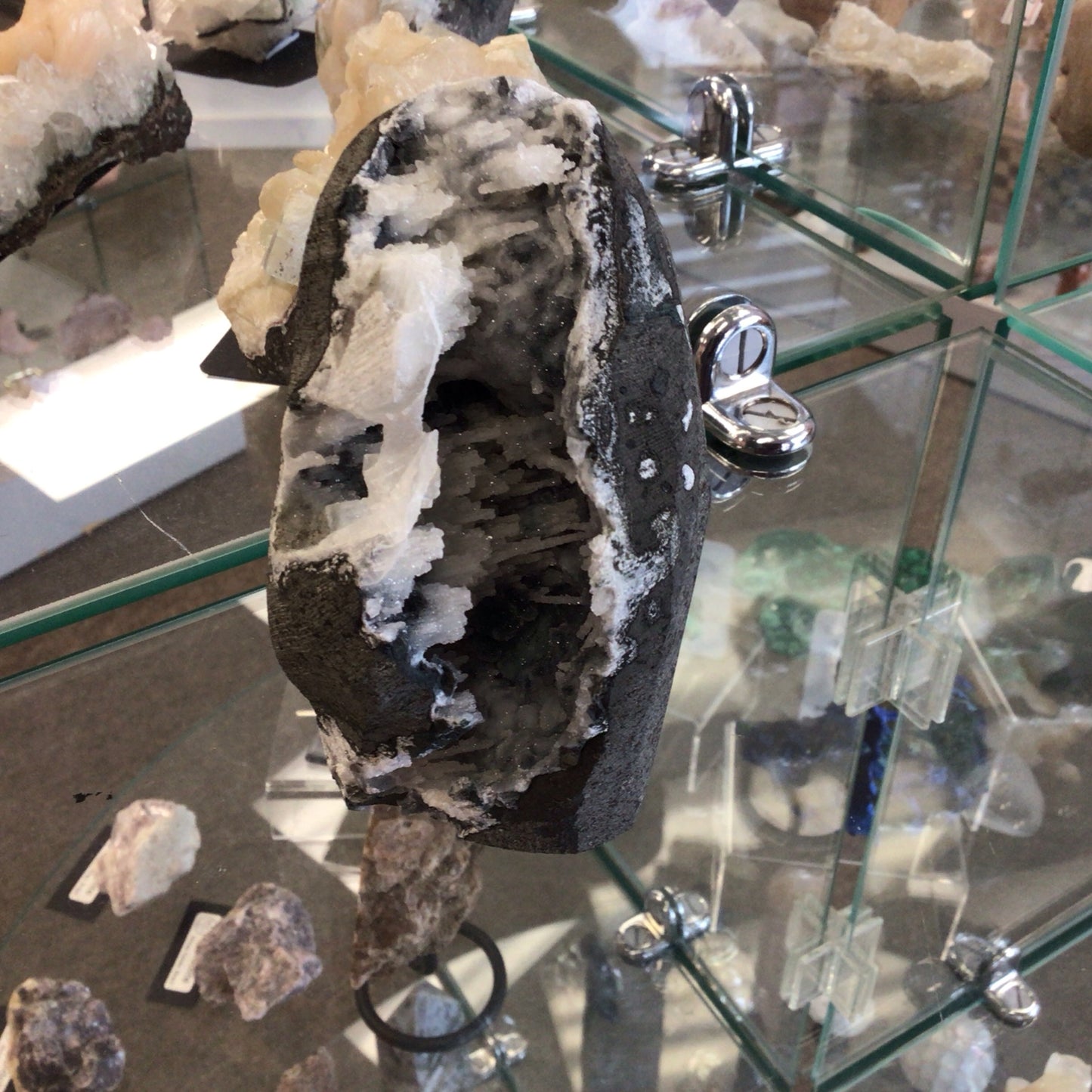 Chalcedony Stalactites on Blue Chalcedony and Basalt Geode #398852
