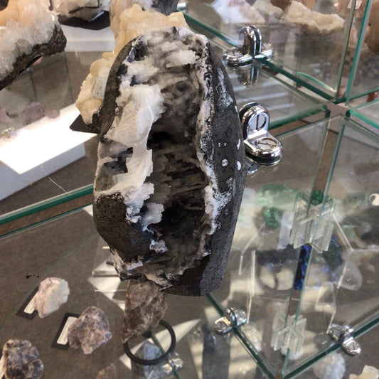 Chalcedony Stalactites on Blue Chalcedony and Basalt Geode #398852