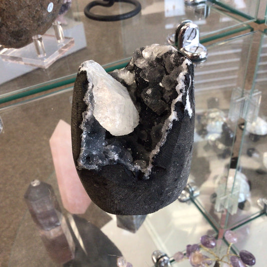 Black Druzy Chalcedony with Apopholite on Basalt #398829