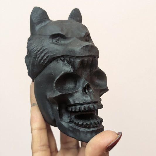 Wolf and Skull Black Obsidian Carving