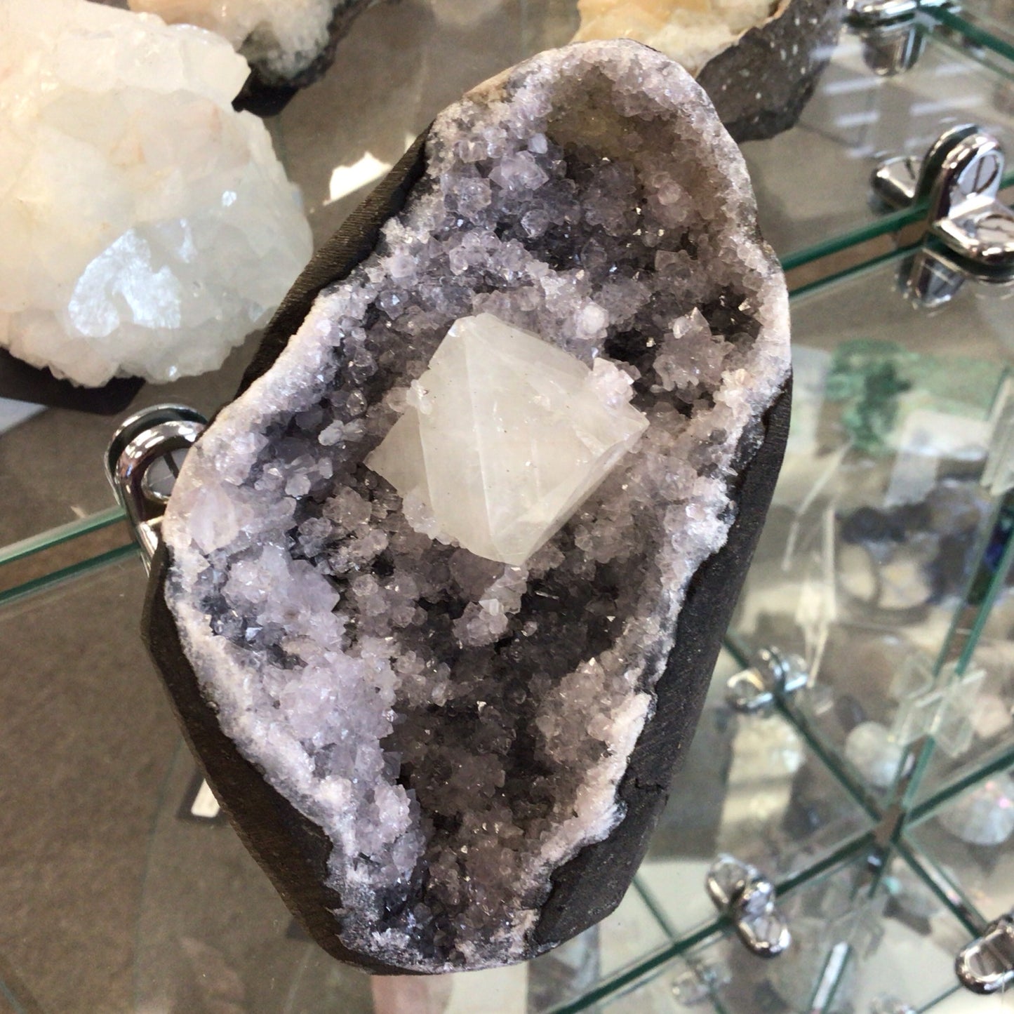 Blue Grey Druzy Chalcedony w/Cubic Calcite and Apopholite #398843