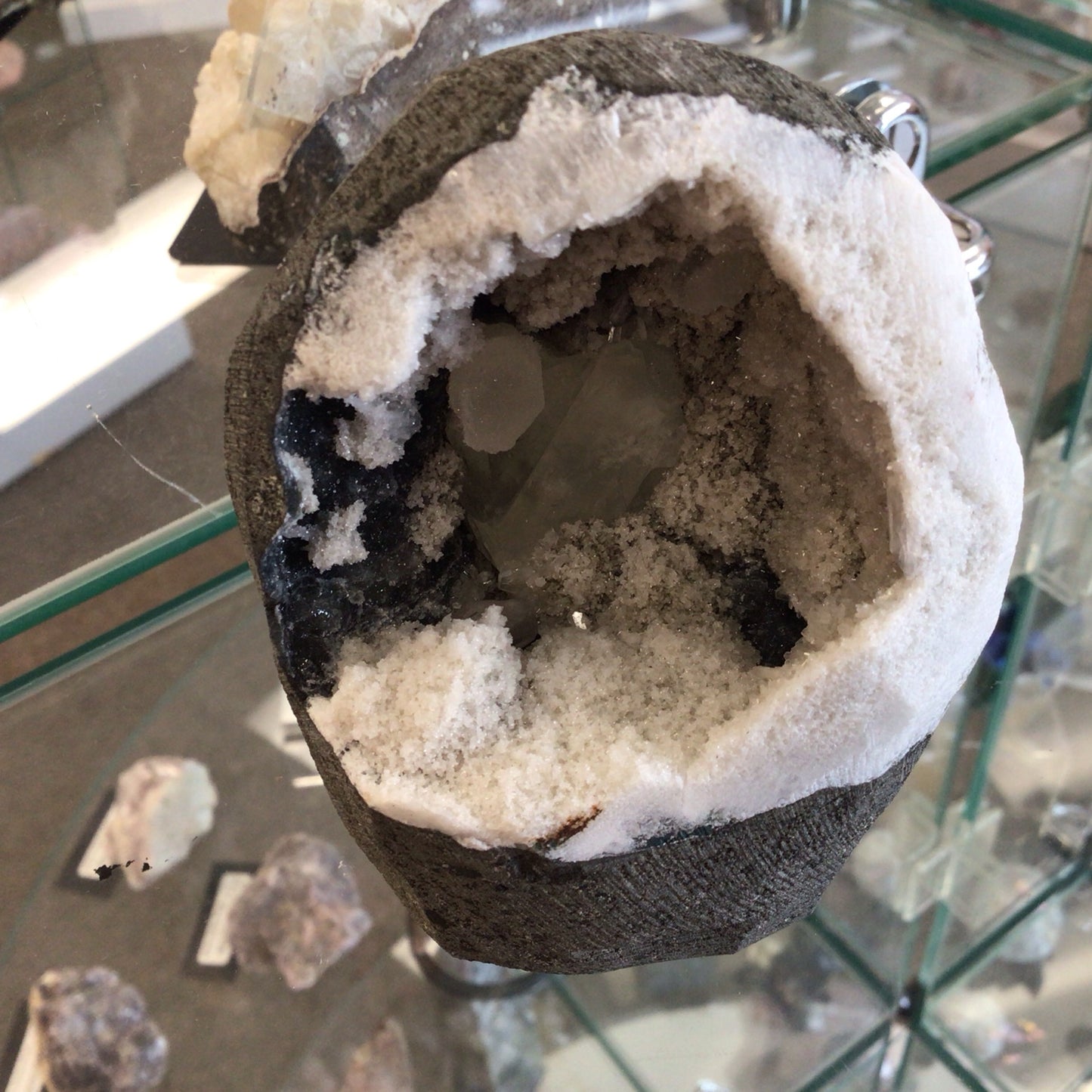 Chalcedony w/ Calcite/ Apopholite Druzy Quartz Geode #398820-3
