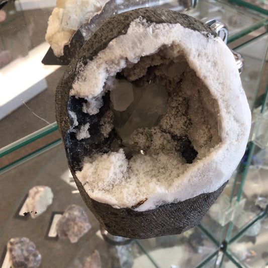 Chalcedony w/ Calcite/ Apopholite Druzy Quartz Geode #398820-3