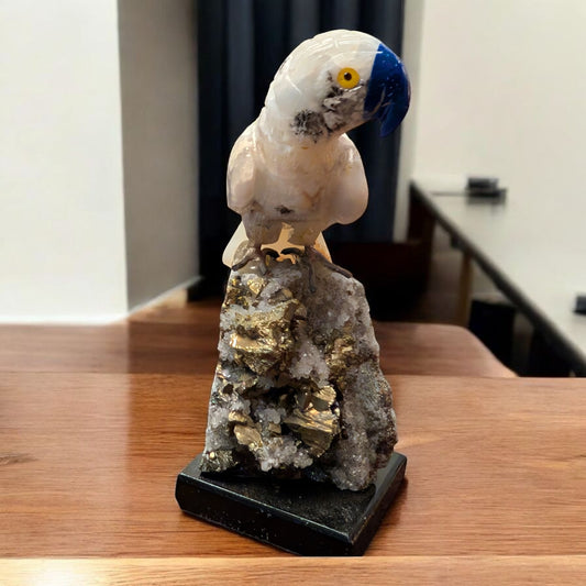White Agate Macaw on Quartz and Pyrite