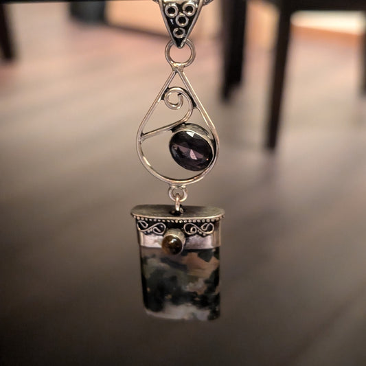 Moss Agate Tigers Eye And Amethyst Pendant Necklace