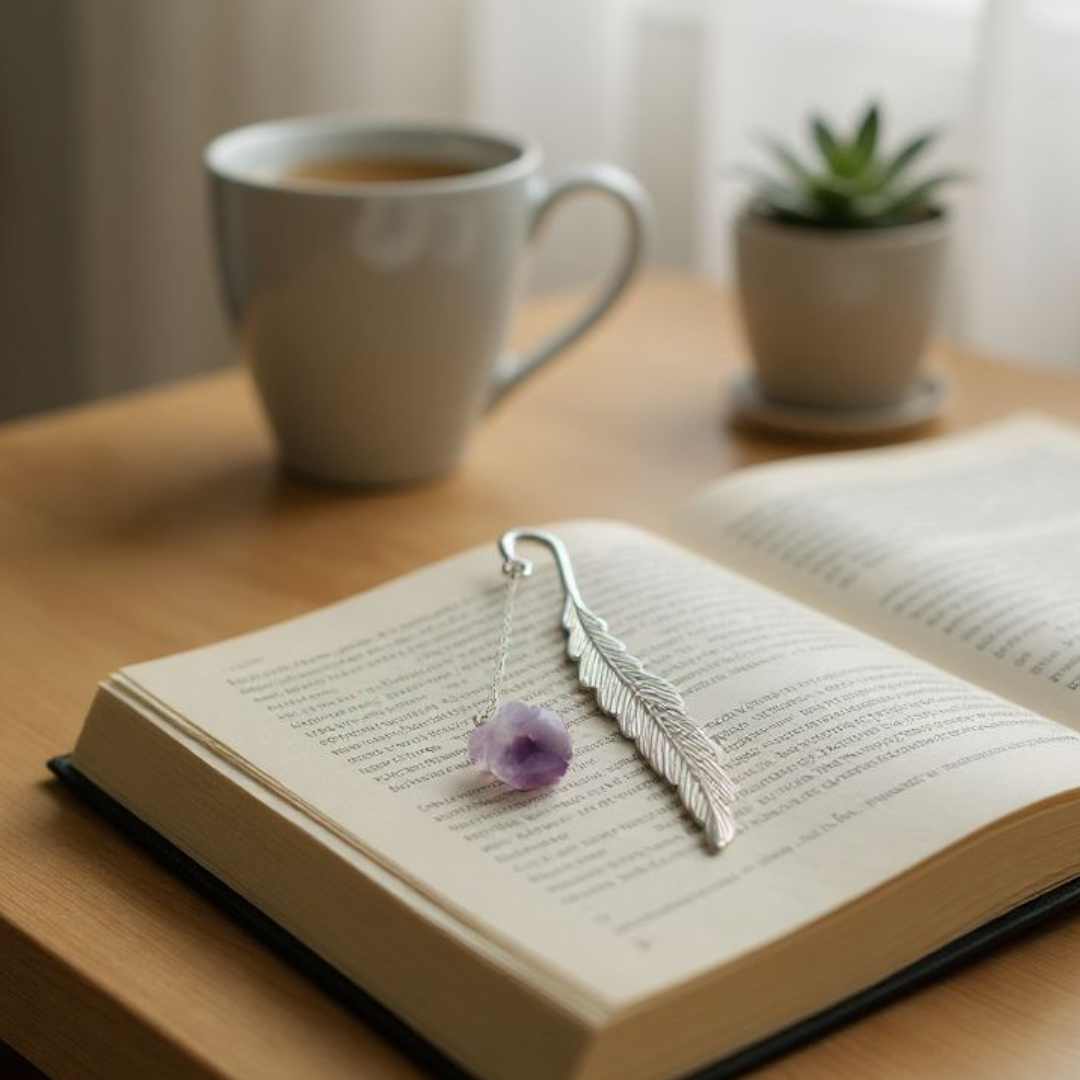 Silver Feather Bookmark With Stones