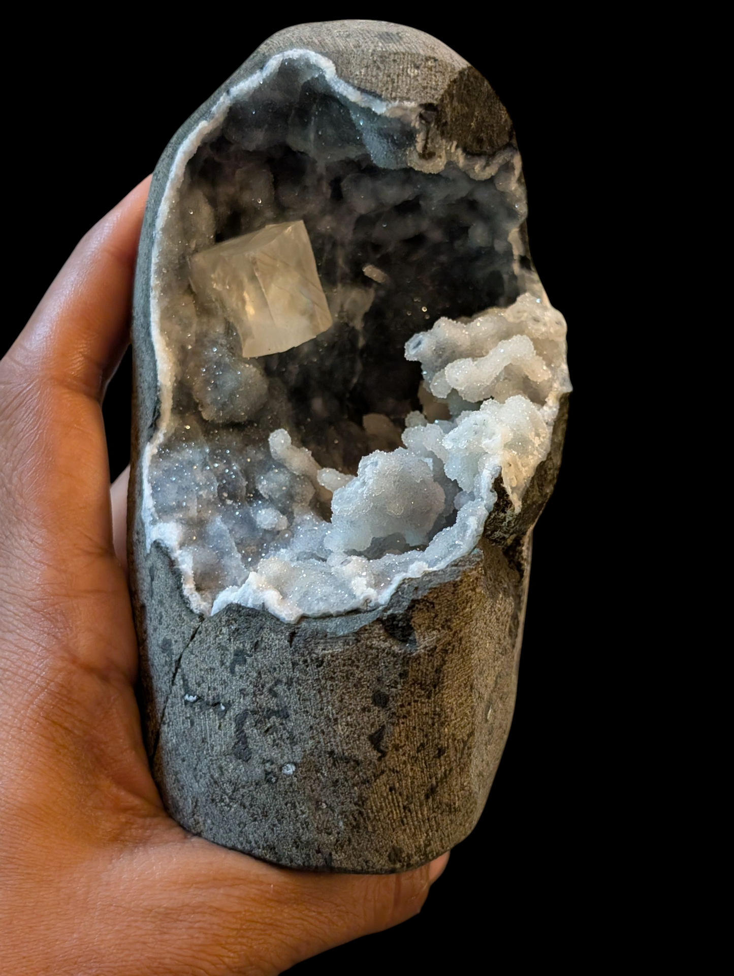 Blue Druzy Coral Chalcedony w/ Cubic Calcite Geode #398834